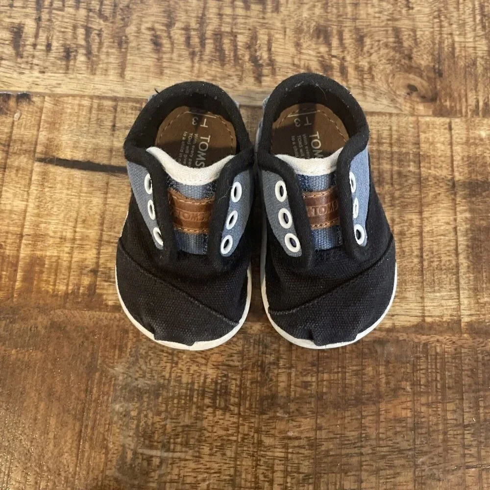 Toms Infant Baby T3 3 Black Blue Black Canvas Shoes Sneakers Toddler Slip On